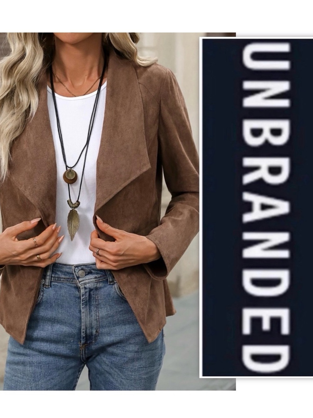 UNBRANDED Brown Faux Suede Open Front Jacket